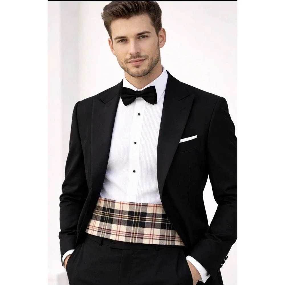 Vintage Cummerbund White Black Red Tartan‎ Plaid Cotton Adjustable to 44